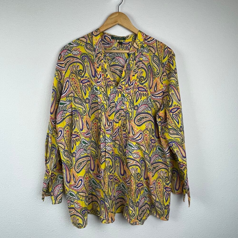 Lauren Ralph Lauren Plus‎ Size 1X Paisley Pintuck Peasant Blouse 100% CottonBoho